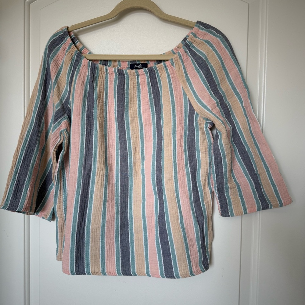 Angels Multicolor Striped cotton off-shoulder top with 3/4 sleeves - cottagecore